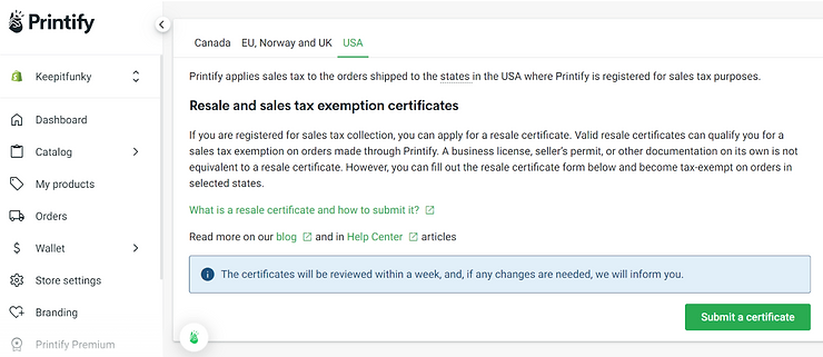 A screenshot from Printify that discusses resale and sales tax exemption certificates.