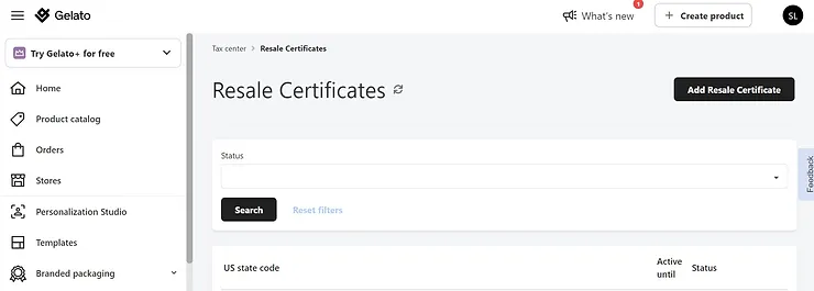 A screenshot from Gelato that shows a section called 'Resale Certificates. '