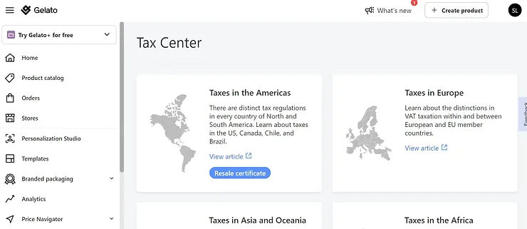 A screenshot from Gelato that is from the 'Tax Center' page.