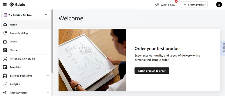 A screenshot from Gelato welcoming the user to the site.