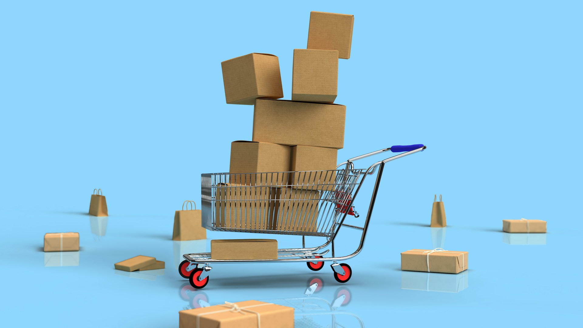 A shopping cart full of boxes on a blue background.