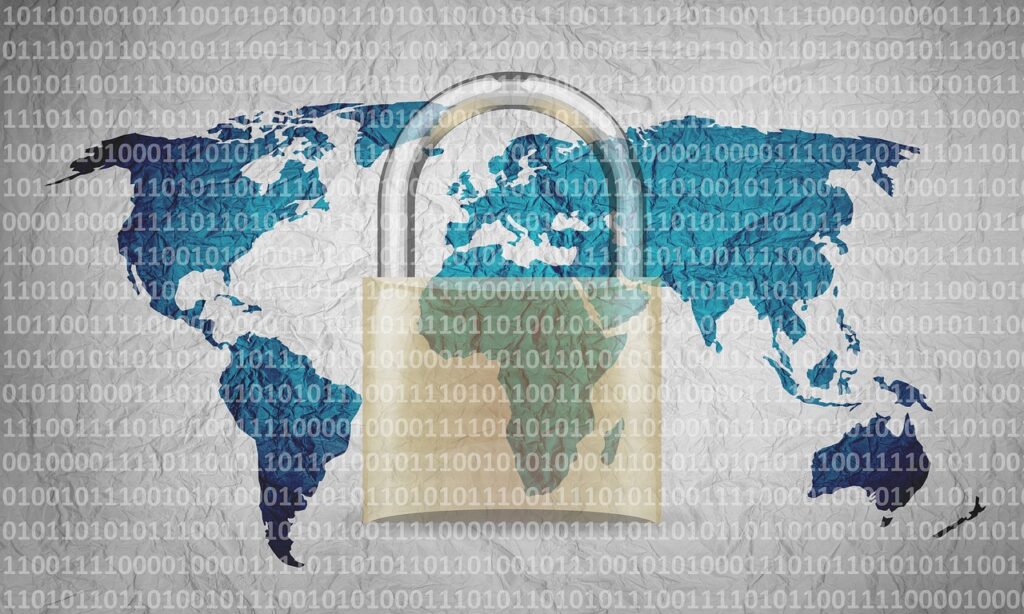 A lock on top of a world map covered in binary code