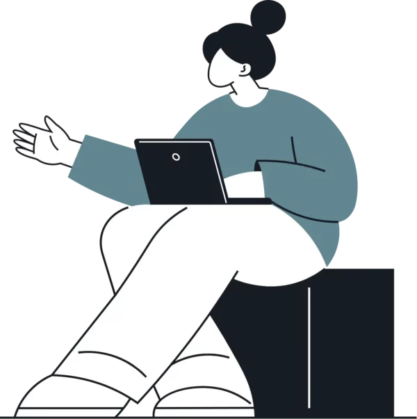 A stylized graphic of a woman sitting and using a laptop.