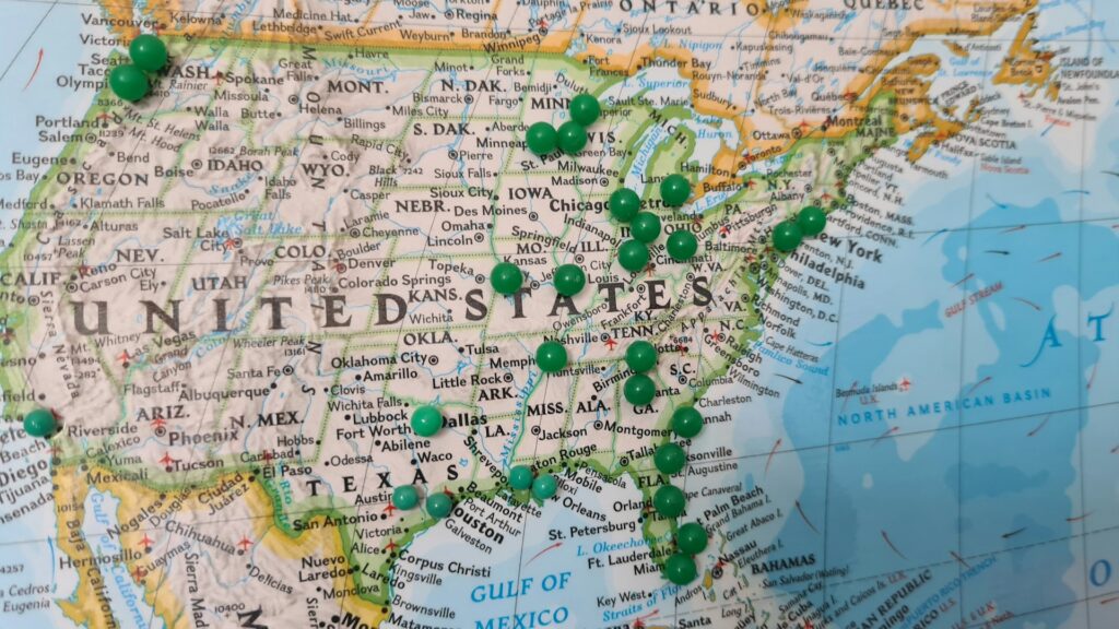 Map of the USA with Green Pins in It
