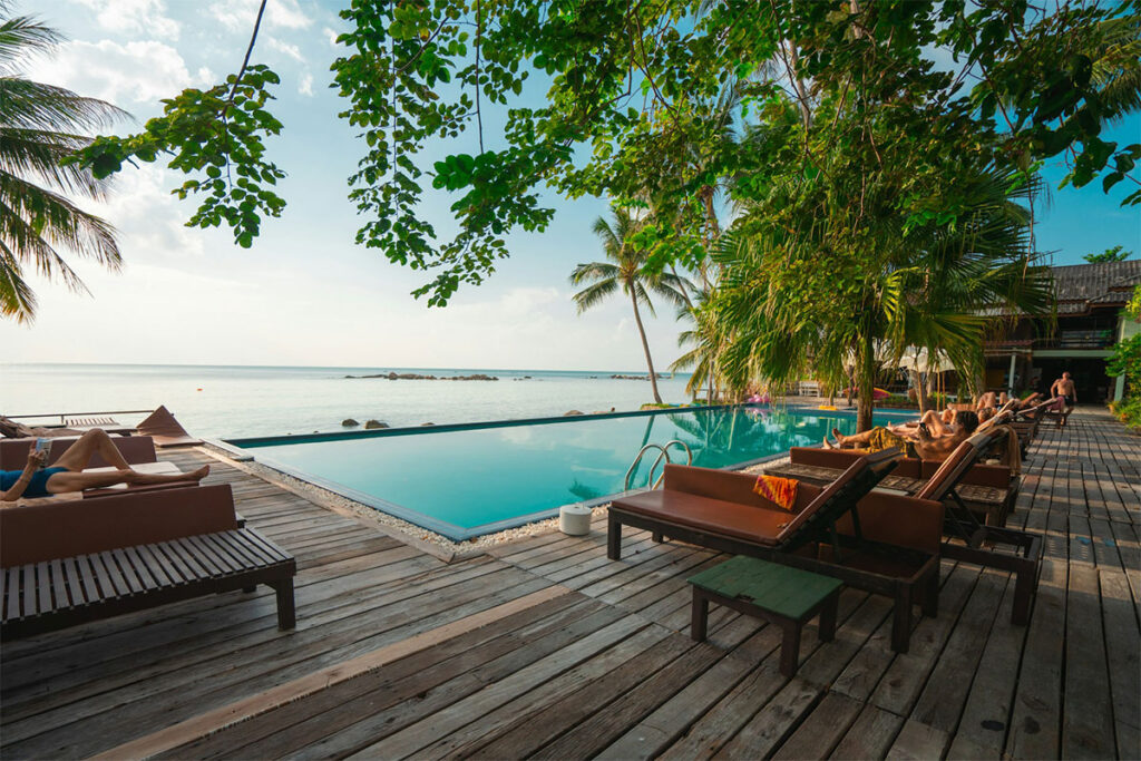 Brown deck chairs in a resort