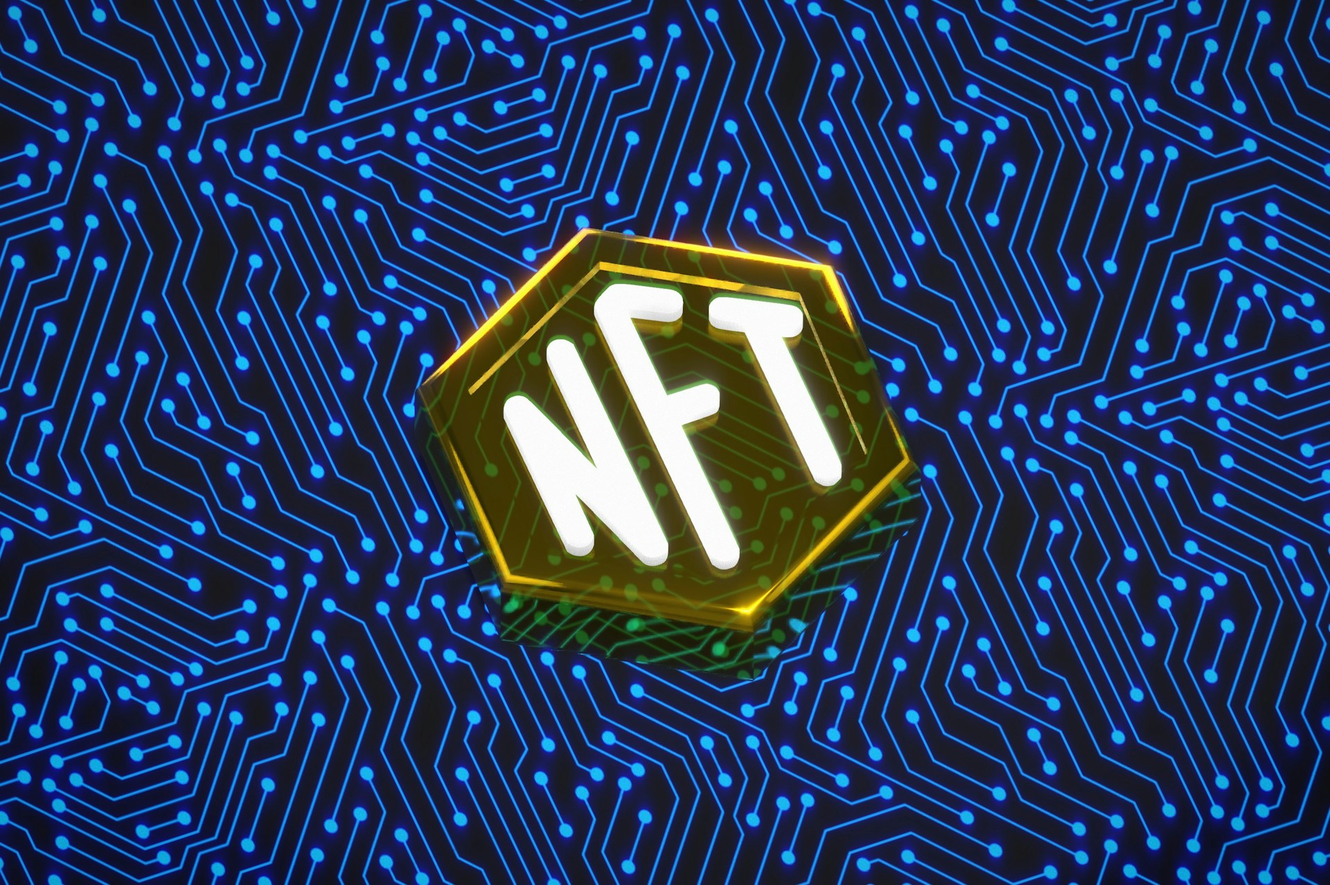 A Chip-Like Logo that Says “NFT” on Blue Circuitry